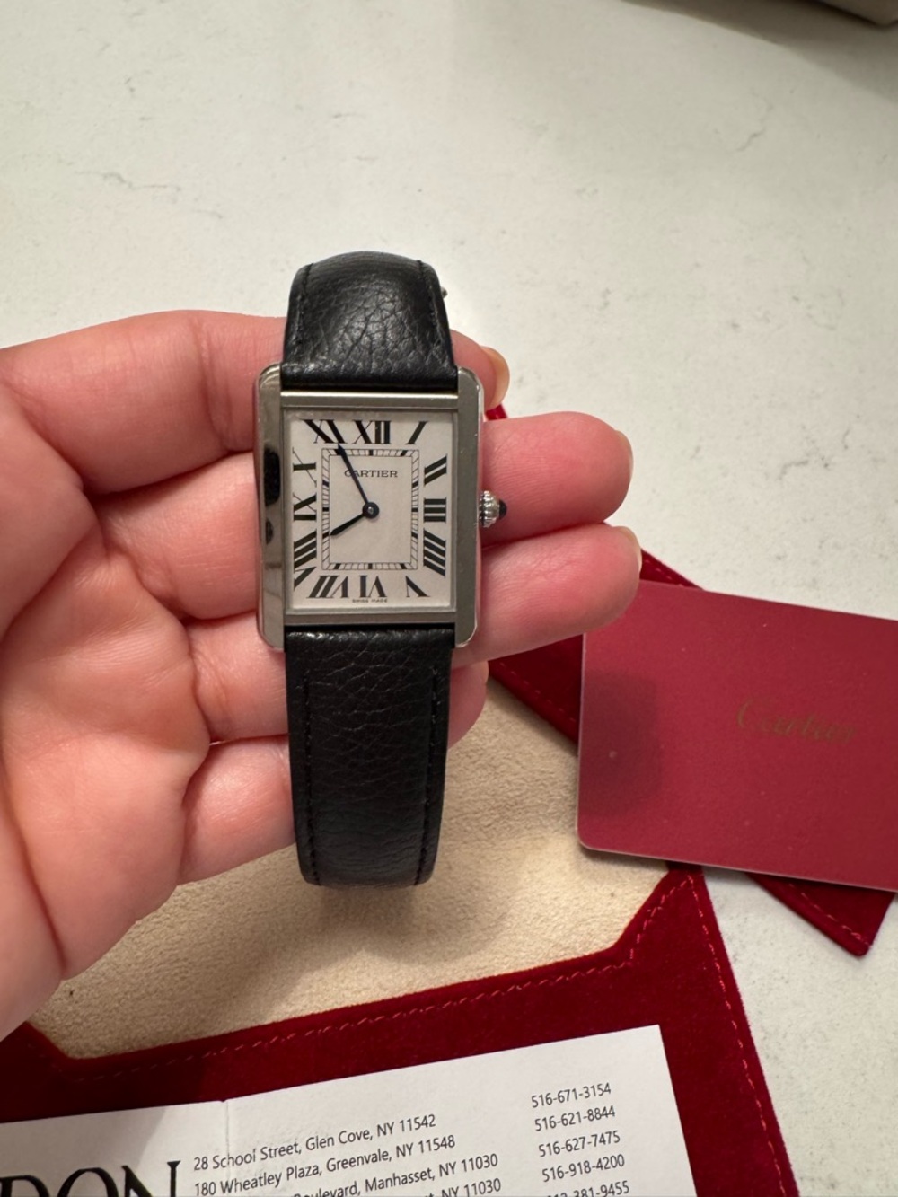 Cartier Rectangular Watch with Black Strap and Silver Case